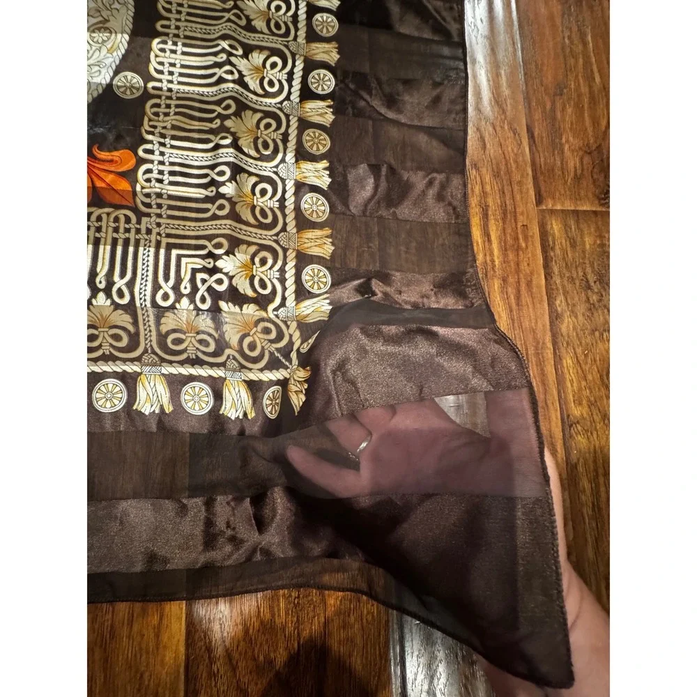 Vintage Square Scarf Womens 40x40 Brown Gold Baroque Fleur-De-Lis Good Condition